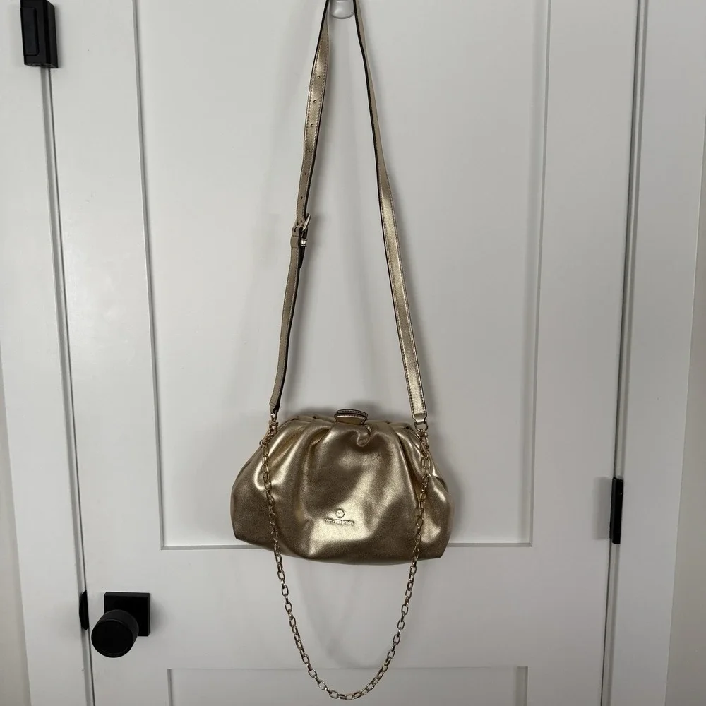 Michael Kors Nola Metallic Gold Leather Gathered Crossbody Clutch Bag SM READ**